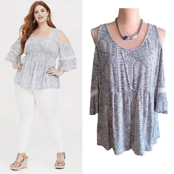 Torrid Ivory Blue Geo Dot Cold Shoulder Bell Sleeves Blouse Plussize 1X - Picture 5 of 16